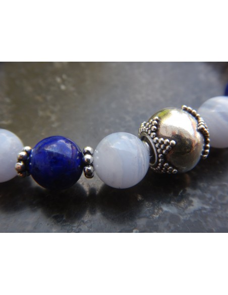 Bracelet calcédoine et lapis lazuli, perles bleues de 8 mm, perle de Bali en argent