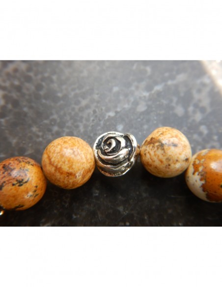 Bracelet jaspe paysage, perles 8 mm, perle rose et médaille fleur de jasmin