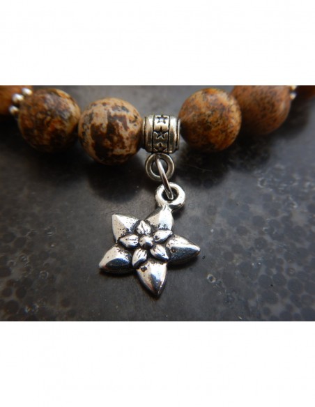 Bracelet jaspe paysage, perles 8 mm, perle rose et médaille fleur de jasmin