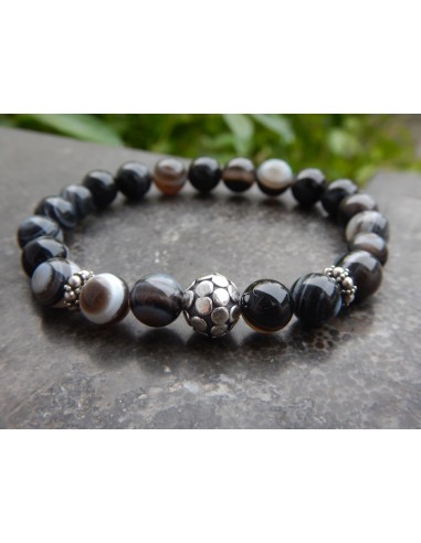 Bracelet agate teintées veinée noires, perle en argent