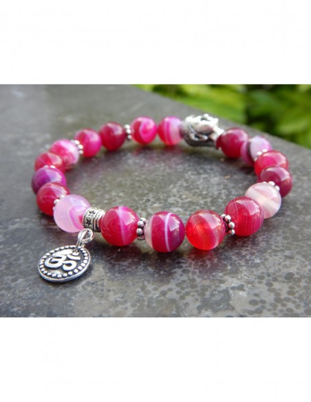 Bracelet agate teintées rose, médaille ohm et tête de Bouddha
