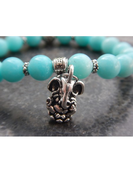 Bracelet en pierres naturelles d'Amazonite du Pérou (rare), perles bleues turquoises de 8 mm et sa médaille "Ganesh"