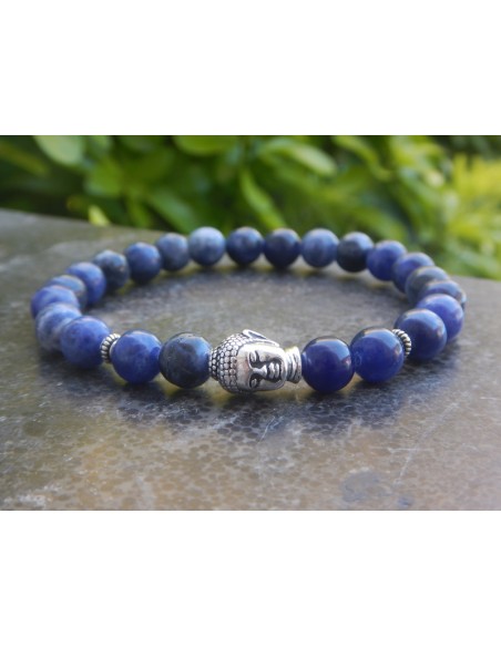 Bracelet homme en pierres naturelles de sodalite, perles 8 mm et sa perle de bouddha en métal argenté