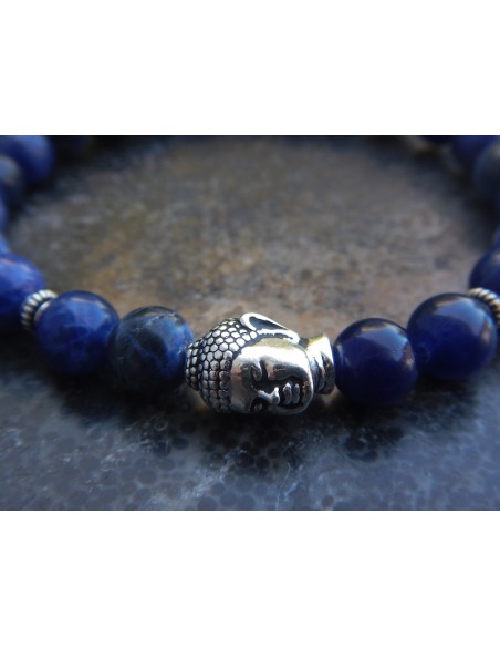 Bracelet homme en pierres naturelles de sodalite, perles 8 mm et sa perle de bouddha en métal argenté