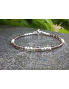 Bracelet en pierres naturelles de quartz fumé 3 mm et de perles en argent de 3 mm