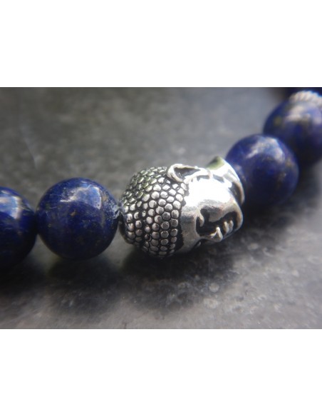 Bracelet homme lapis lazuli, perles 8 mm, tête de bouddha