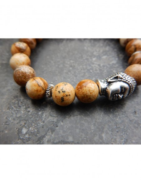 Bracelet homme jaspe paysage, perles beige 8 mm, et sa perle bouddha