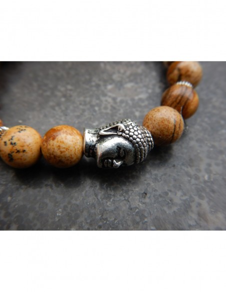 Bracelet homme jaspe paysage, perles beige 8 mm, et sa perle bouddha