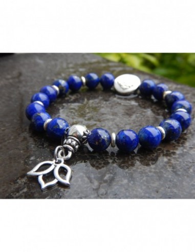 Bracelet en lapis lazuli, perles de 8 mm, perle mandala et médaille fleur de lotus en métal argenté