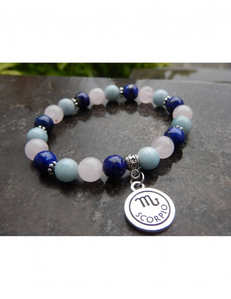 Bracelet astrologique "Scorpion" composé de perles de lapis lazuli, Quartz rose et aigue -marine et sa médaille Scorpion