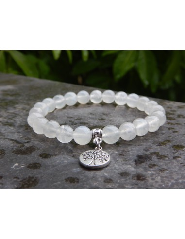 Bracelet pierre de lune perles de 8 mm et médaille arbre de vie