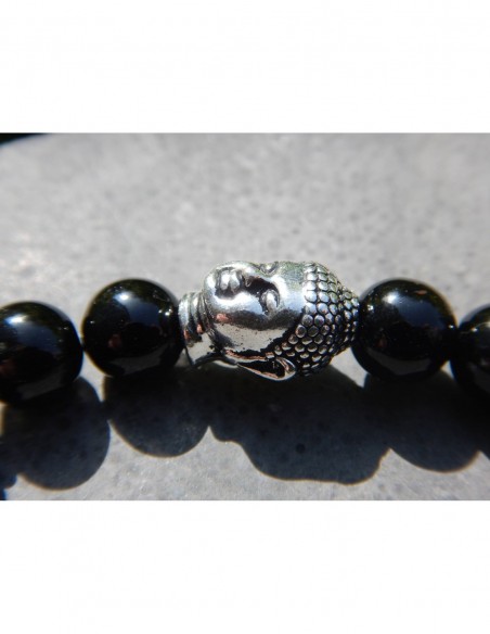 Bracelet en tourmaline noire 8 mm, Bouddha et médaille Terre en métal argenté