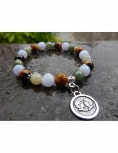 Bracelet astrologique "Gémeau", pierres naturelles d'oeil de tigre, calcédoine et jade, perles 8 mm