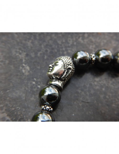 Bracelet en hématite, perles de 8 mm, perle bouddha et médaille Aum en métal argenté