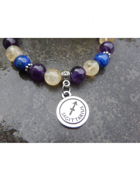Bracelet astrologique "Sagittaire" lapis lazuli, améthyste et citrine et sa médaille astrologique sagittaire