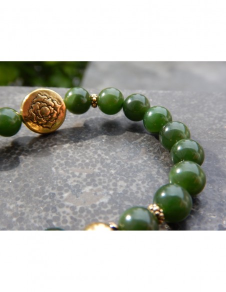 Bracelet jade néphrite perles 8 mm, perle mandala et fleur de lotus