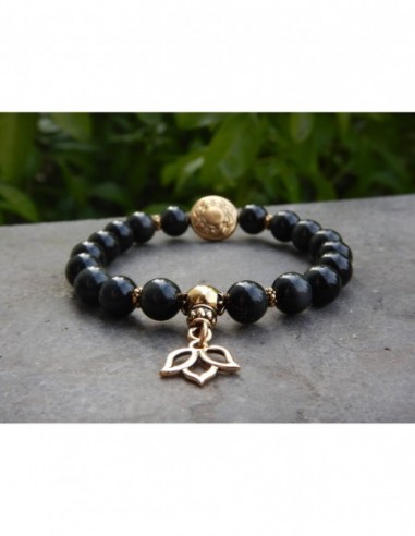 Bracelet en obsidienne, perles 8 mm, perle mandala et médaille fleur de lotus en métal doré