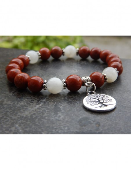 Bracelet en pierres naturelles de jaspe rouge et pierre de lune, perles 8 mm et sa médaille arbre de vie en métal argenté