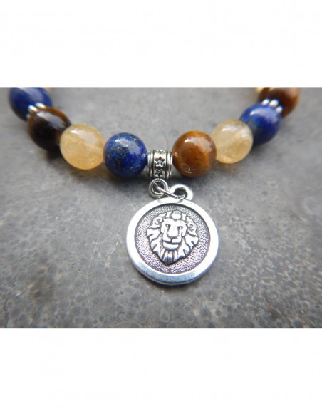 Bracelet astrologique "Lion" composé de citrine, lapis lazuli, oeil de tigre et sa médaille astrologique Lion