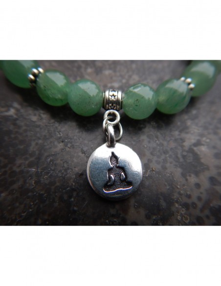 Bracelet en pierres naturelles d'aventurine, perles de 8 mm, perle argentée et médaille bouddha méditant en métal argenté