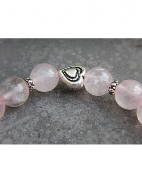 Bracelet femme en pierres naturelles de quartz rose, médaille fée et perle coeur en métal argenté