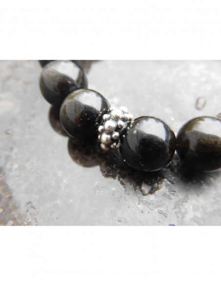 Bracelet en pierres naturelles d'obsidienne dorée en perles de 10 mm et sa perle de Bali en argent