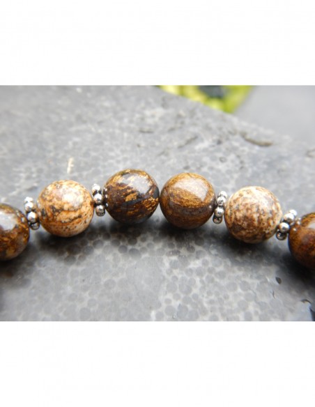 Bracelet en bronzite et jaspe paysage, perles 8 mm et sa perle de Bali en argent