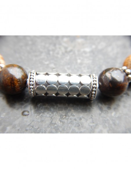 Bracelet en bronzite et jaspe paysage, perles 8 mm et sa perle de Bali en argent