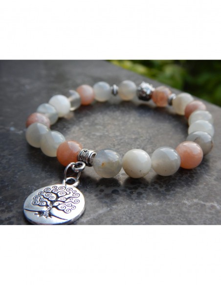 Bracelet pierre de lune multicolore, perles 8 mm, médaille arbre de vie