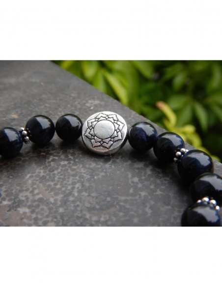 Bracelet en oeil de faucon, perles de 8 mm, perle mandala et médaille lotus en métal argenté