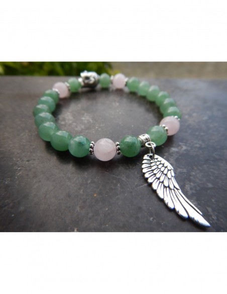Bracelet en aventurine et quartz rose, médaille aile d'ange et perle bouddha en métal argenté