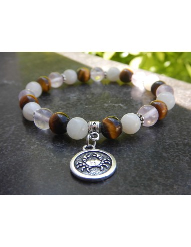 Bracelet astrologique "Cancer" composé de pierre de lune, Quartz rose et oeil de tigre et sa médaille astro "cancer"