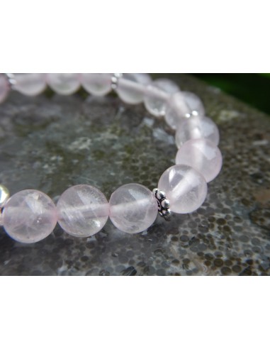 Bracelet enfant quartz rose, perles de 8 mm et sa perle coeur en métal  argenté haute qualité.