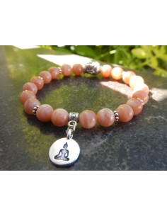 Bracelet en pierres de lune, perles orange de 8 mm, tête de Bouddha en métal argenté