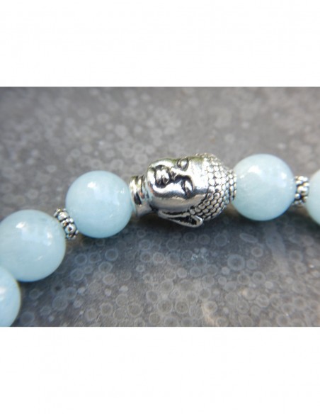 Bracelet en pierres d'aigue-marine, perles 8 mm avec tête de bouddha et médaille fleur de lotus en métal argenté