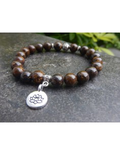 Bracelet en pierres naturelles de bronzite, perles marron de 8 mm, médaille fleur de lotus en métal argenté