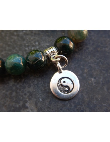 Bracelet agate mousse, perles de 8 mm, médaille yin yang