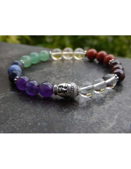 Bracelet en pierres naturelles réalignement des chakras et perle bouddha métal argenté